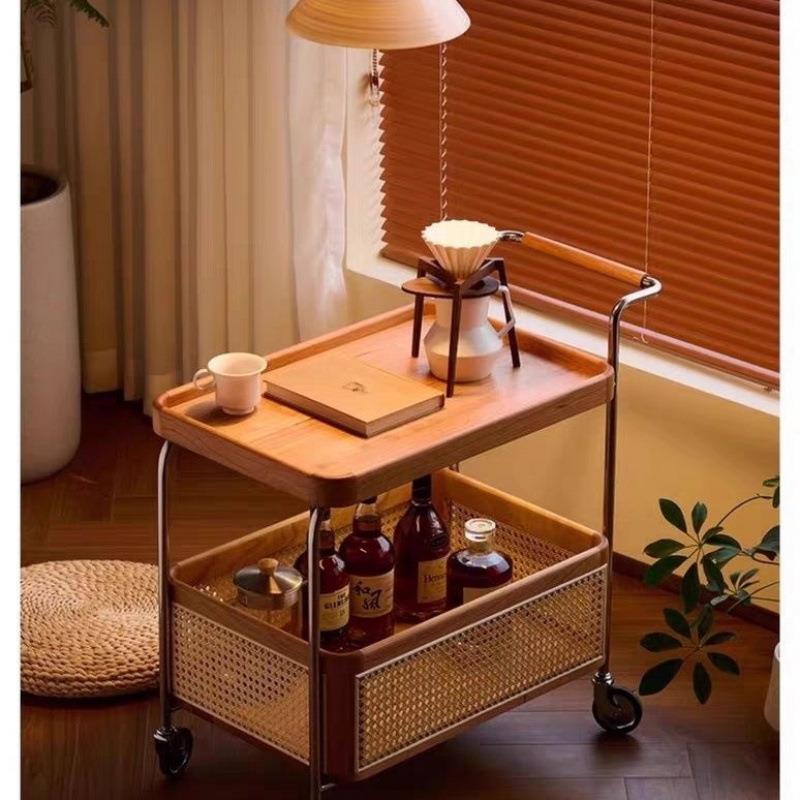 实木移动带轮边几不锈钢收纳中古小推车客厅储物藤编置物简约茶几