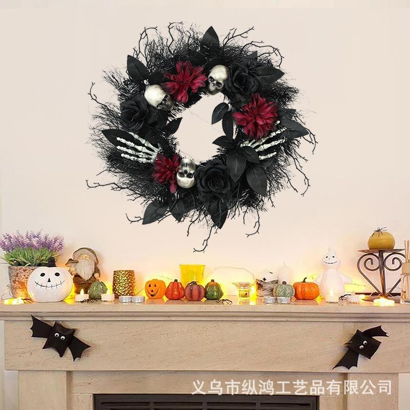 跨境新品亚马逊万圣节枯枝玫瑰花环仿真藤圈花环鬼节气氛装饰挂件
