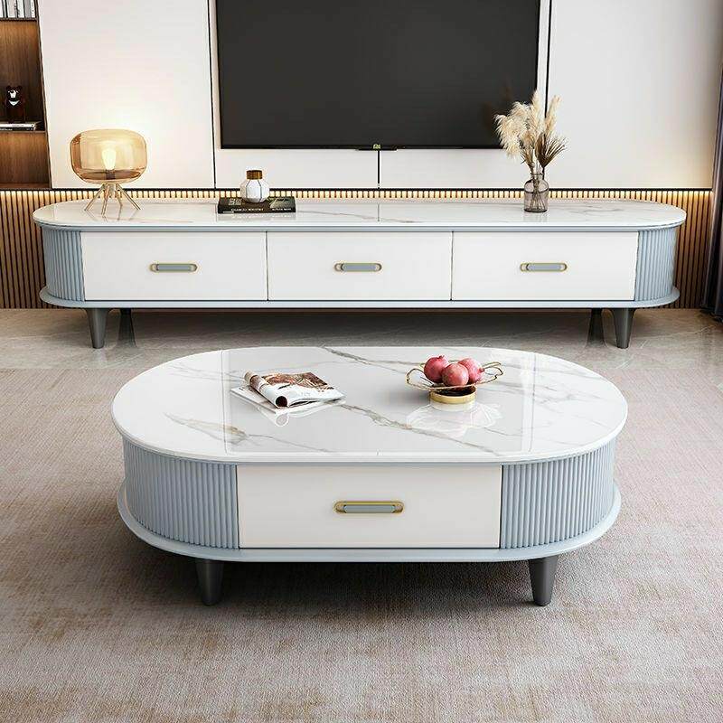 爆款轻奢岩板茶几客厅家用新款现代简约网红小户型椭圆电视柜组合