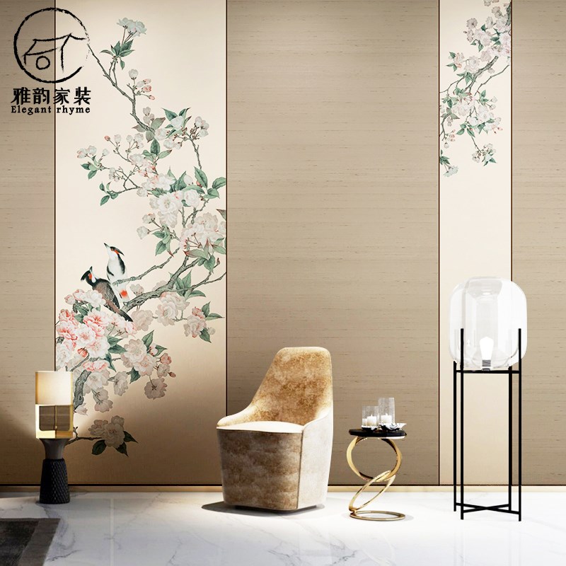 淡雅意境花鸟电视背景墙r纸新中式壁布书房卧室环保防潮无纺布壁