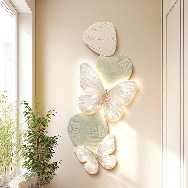 法式玄关装饰画蝴蝶壁灯入户门挂画走廊过道奶油风发光客厅壁画