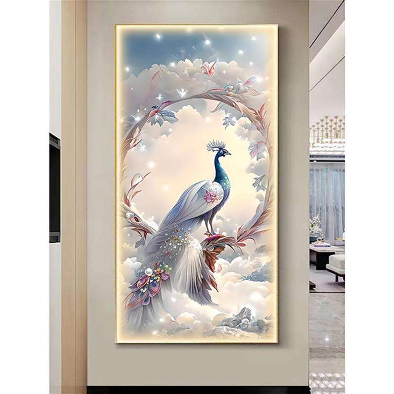 新中式孔雀入户玄关装饰画走廊过道竖版LED灯光画现代高档装饰画图片