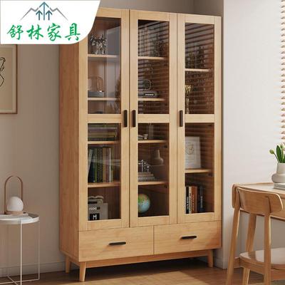 实木书柜带玻璃门客厅家用展示柜现代简约儿童暑假落地办公文件柜