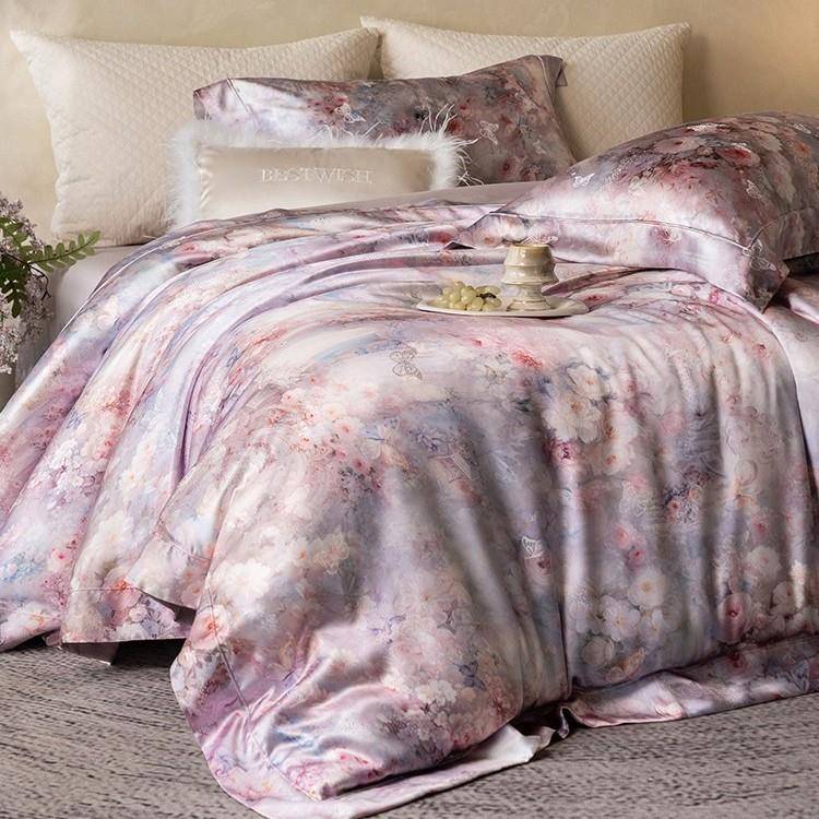 重磅高精密桑蚕丝四件套复古风花卉超柔莱赛尔棉被套床上用品粉紫
