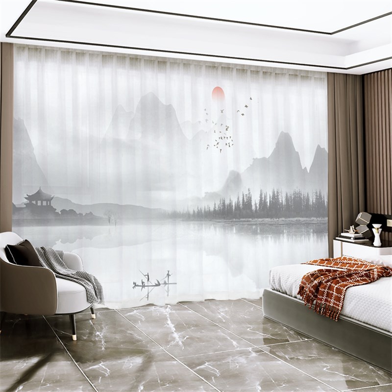 现代新中式水墨i山水画风景客厅书房高档卧室名宿窗帘禅意纱帘窗