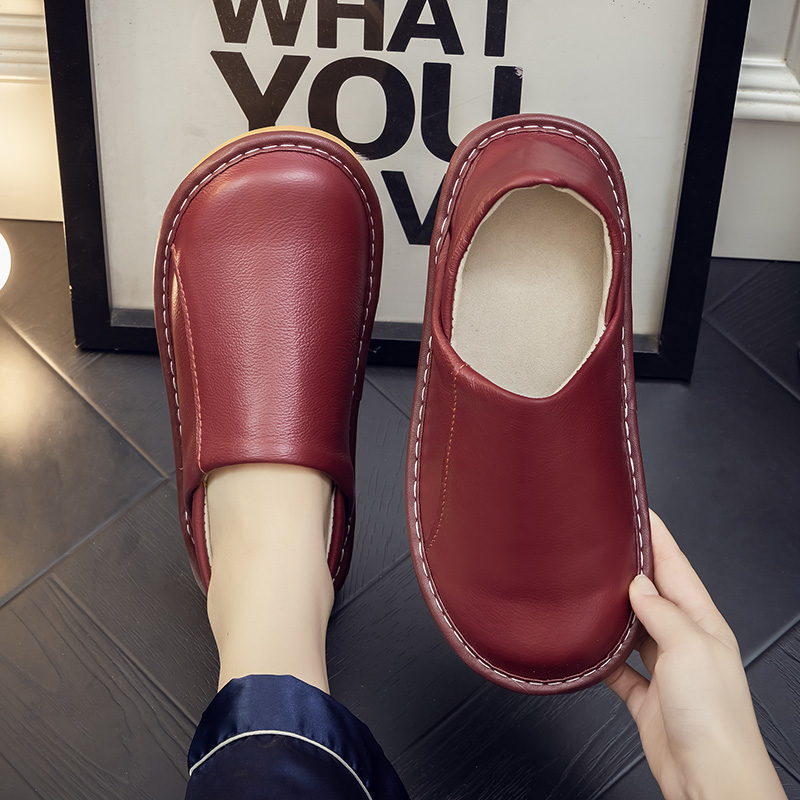 牛皮面防水包脚带后跟p开口棉拖鞋女春秋四季室内防滑加厚底男家