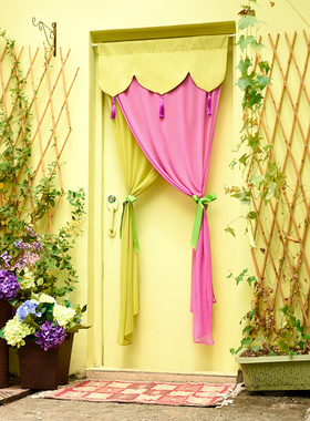 雪纺纱帘头免打孔伸缩杆s双层纱黄绿橙色粉紫草绿纱帘隔断门帘卧