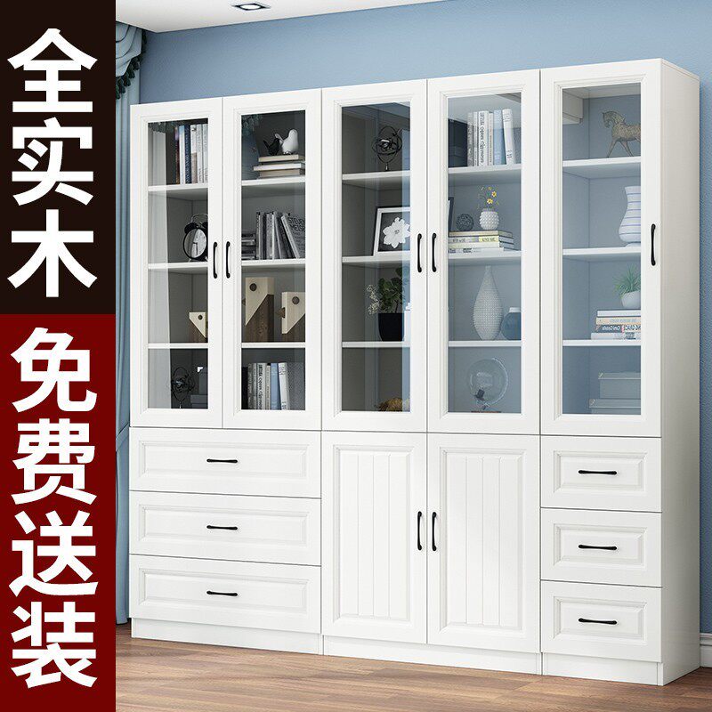 实木书柜落地家用置物架现代简约C玻璃门书架一体靠墙儿童收纳柜