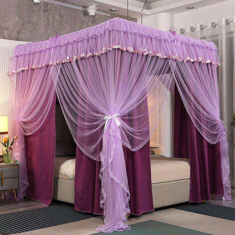 Q3Y2023双层纯色床帘蚊帐支架全套新款公主风床幔家用落地遮光帘