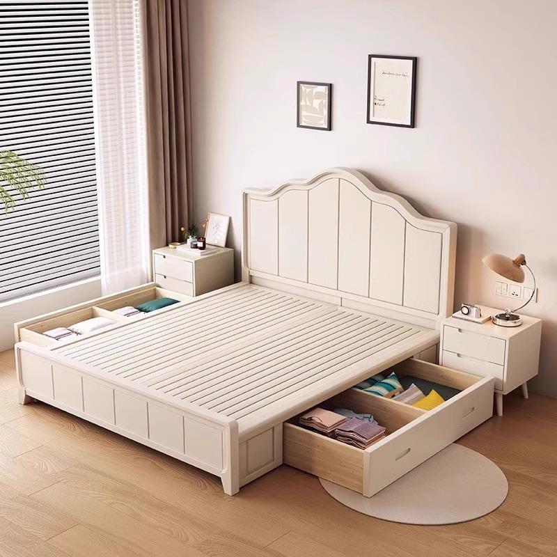 北欧实木床现代简约白色1.5m单双人床奶油风公主床1米8主卧储物床