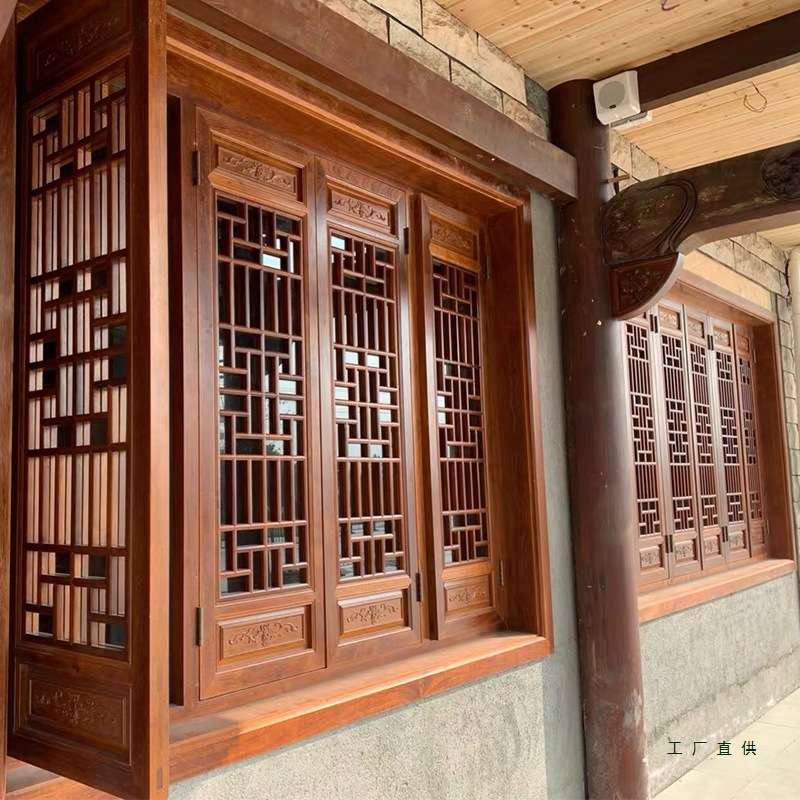 东阳木雕中式花格榆木实木花格门窗镂空木雕门窗仿古门窗定 制定