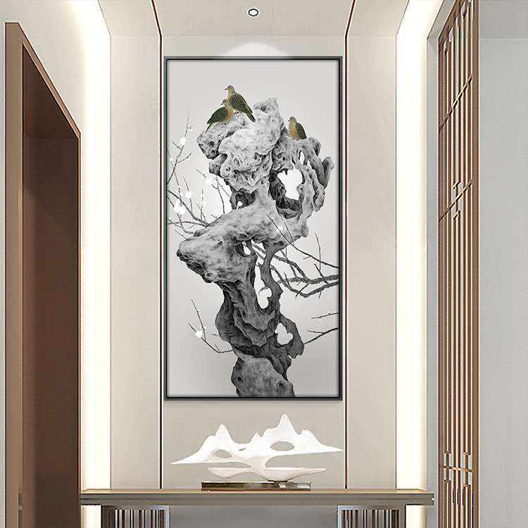 新中式装饰画酒店客房大幅竖版挂画设计师画石鸟图客厅玄关抽象画