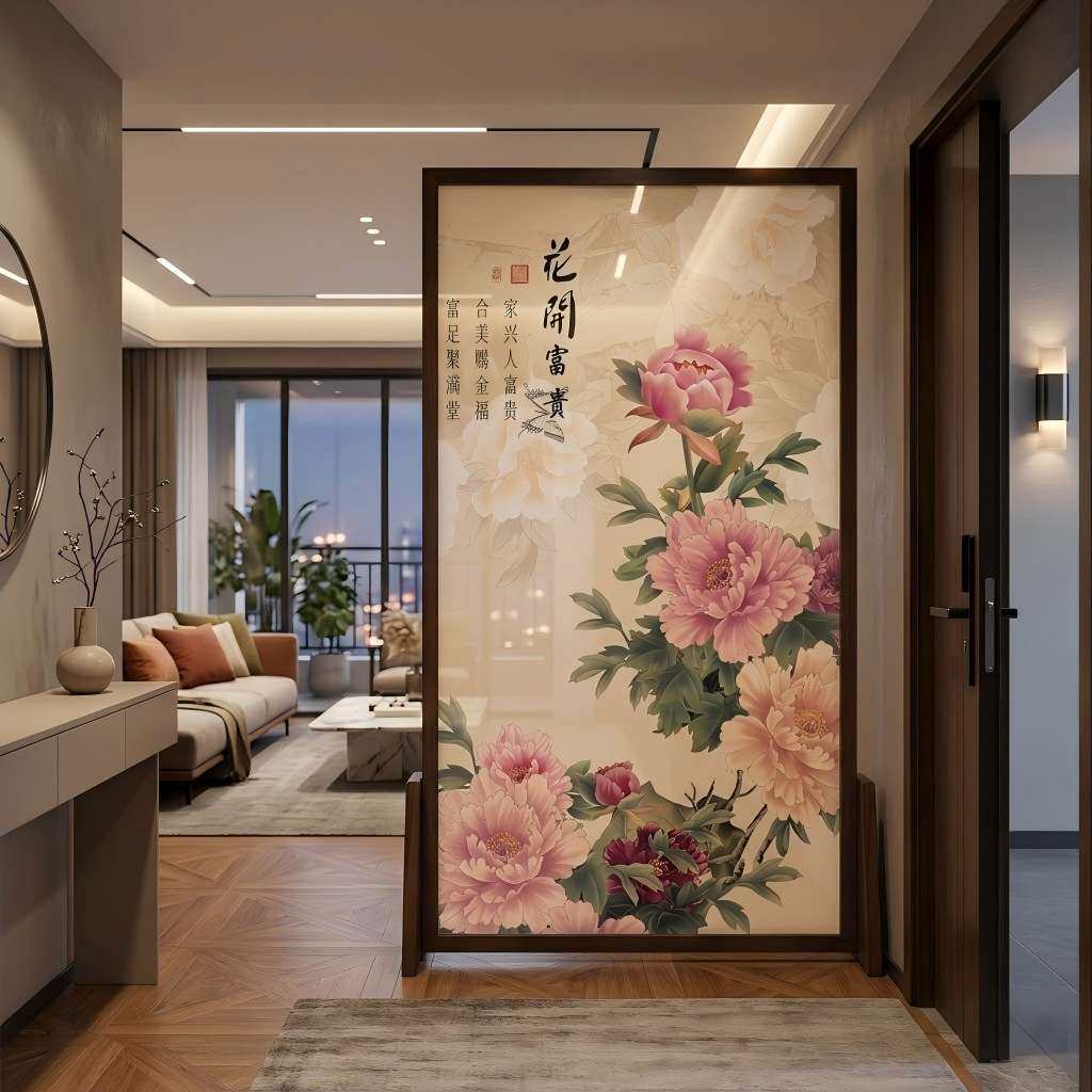 中式屏风隔断客厅卧室遮挡家用现代简约入户玄关移动实木牡丹座屏