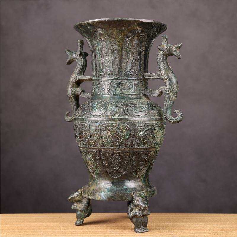古玩杂项青铜器古摆件双龙瓶双龙尊现制作艺品收藏品做旧博物馆
