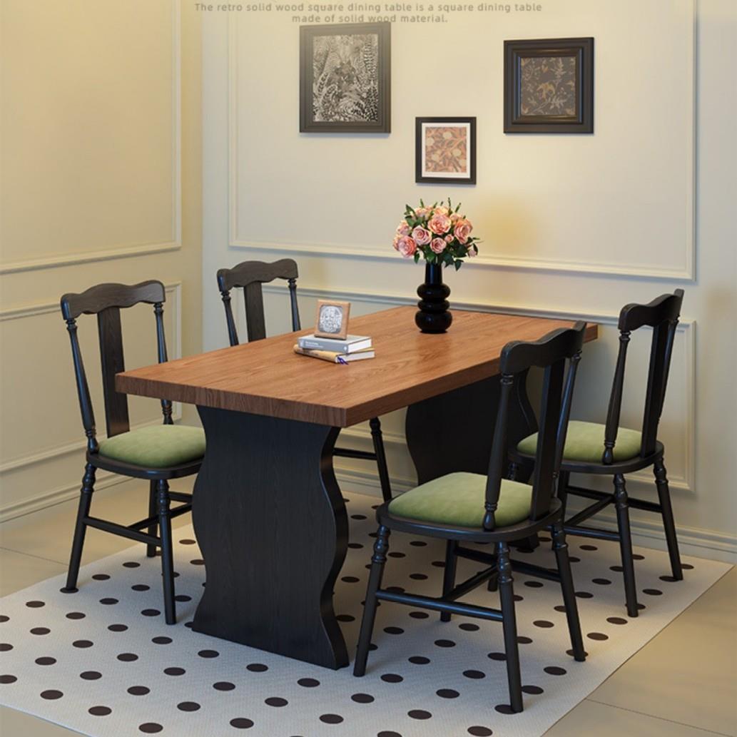 中古风加厚实木餐桌法式复古风家用长方形桌现代简约书桌茶桌组合