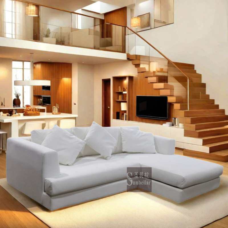 客厅转角组合L型双人位带贵妃纯白色绒布现代loft公寓小户型沙发