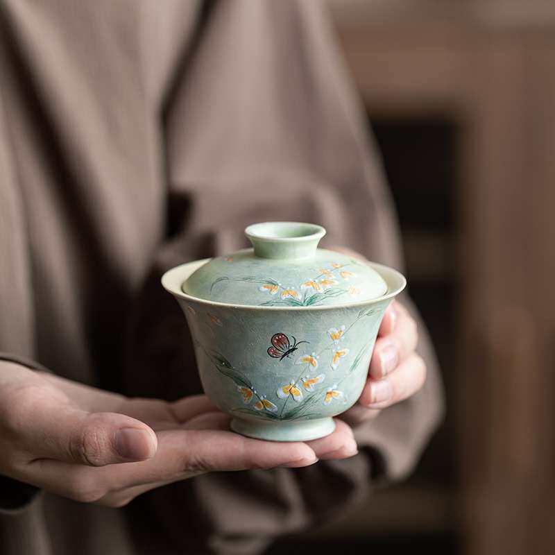 手绘文心兰陶瓷茶碗下午茶泡器茶器女士精致二才盖碗中式田园风