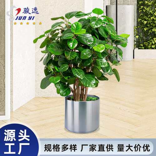 不锈钢大堂落地圆形绿植金属玫瑰金花盆套钛金边花箱花瓶大堂装饰