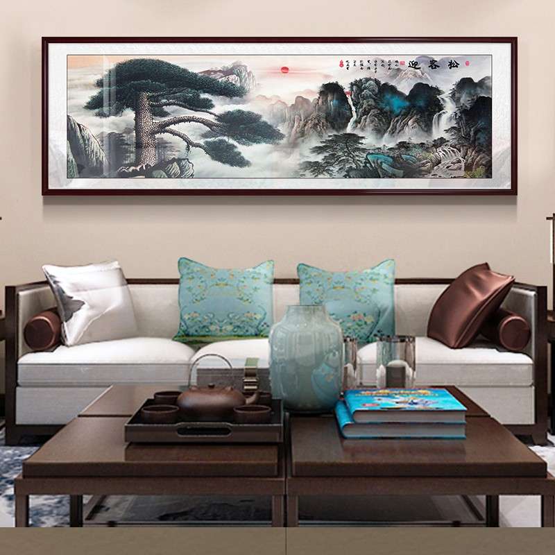 新中式客厅装饰画山水风景壁画大气靠山沙发背景迎客松办公室挂画