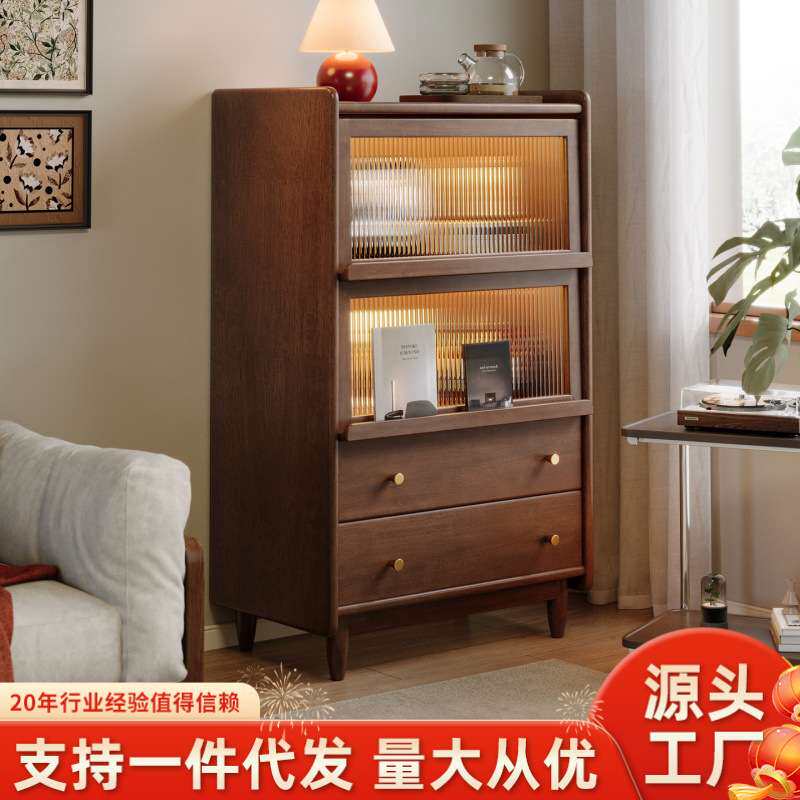 实木书柜家用客厅橡胶木边柜靠墙一体杂志柜玻璃置物柜收纳储物柜