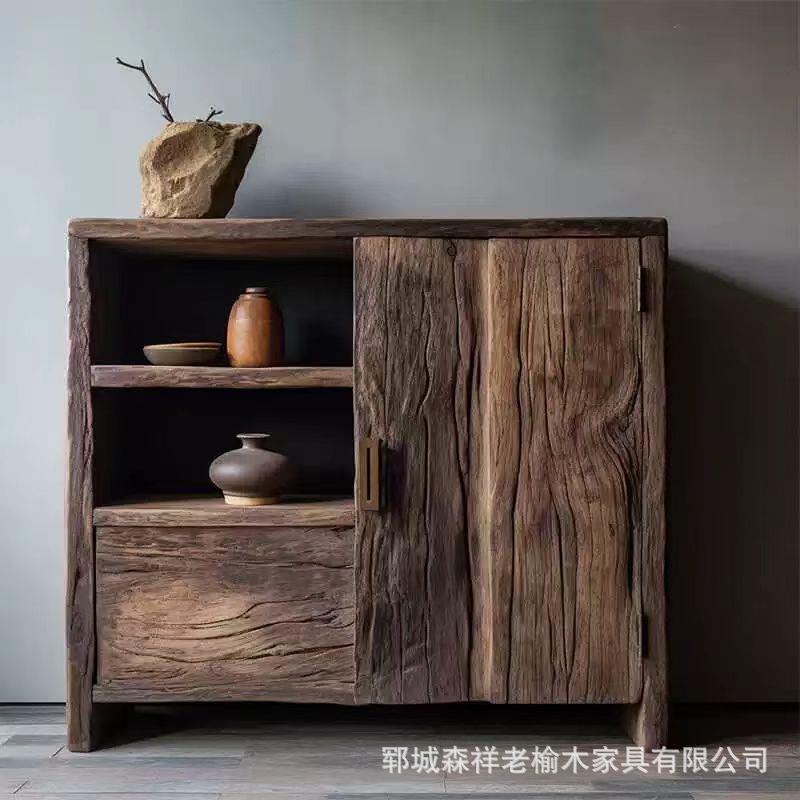 复古老榆木餐边柜民宿实木茶水柜北欧简约家用收纳置物柜两层斗柜