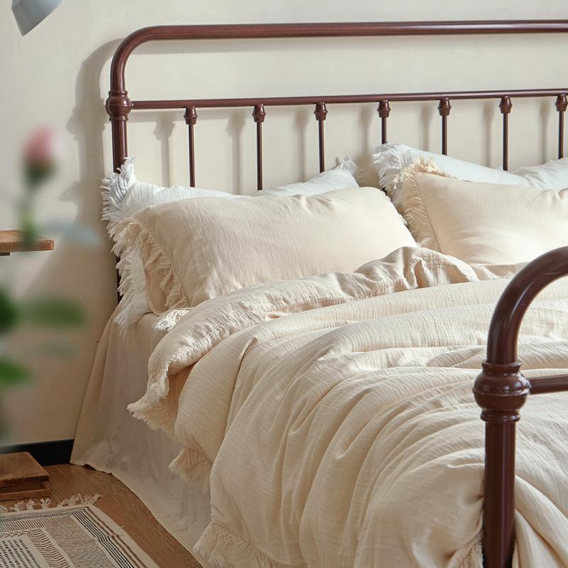 简约轻奢纯色流苏花边双层皱皱纱全棉四件套亲肤床单被套床上用品