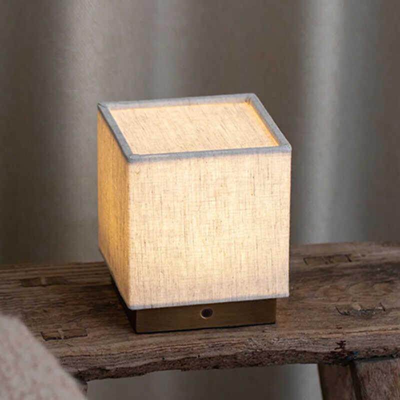 日式充电免接线小台灯方形麻布简约卧室床头书房酒吧装饰新中式灯