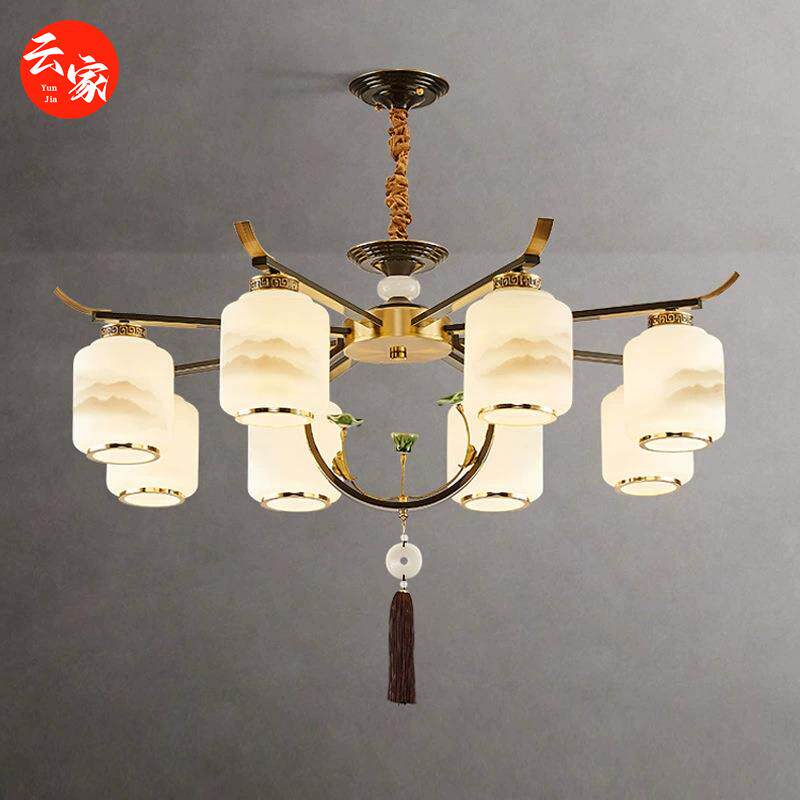 新中式全铜客厅吊灯餐厅卧室轻奢大气酒店吸顶吊灯山水灯罩中国风