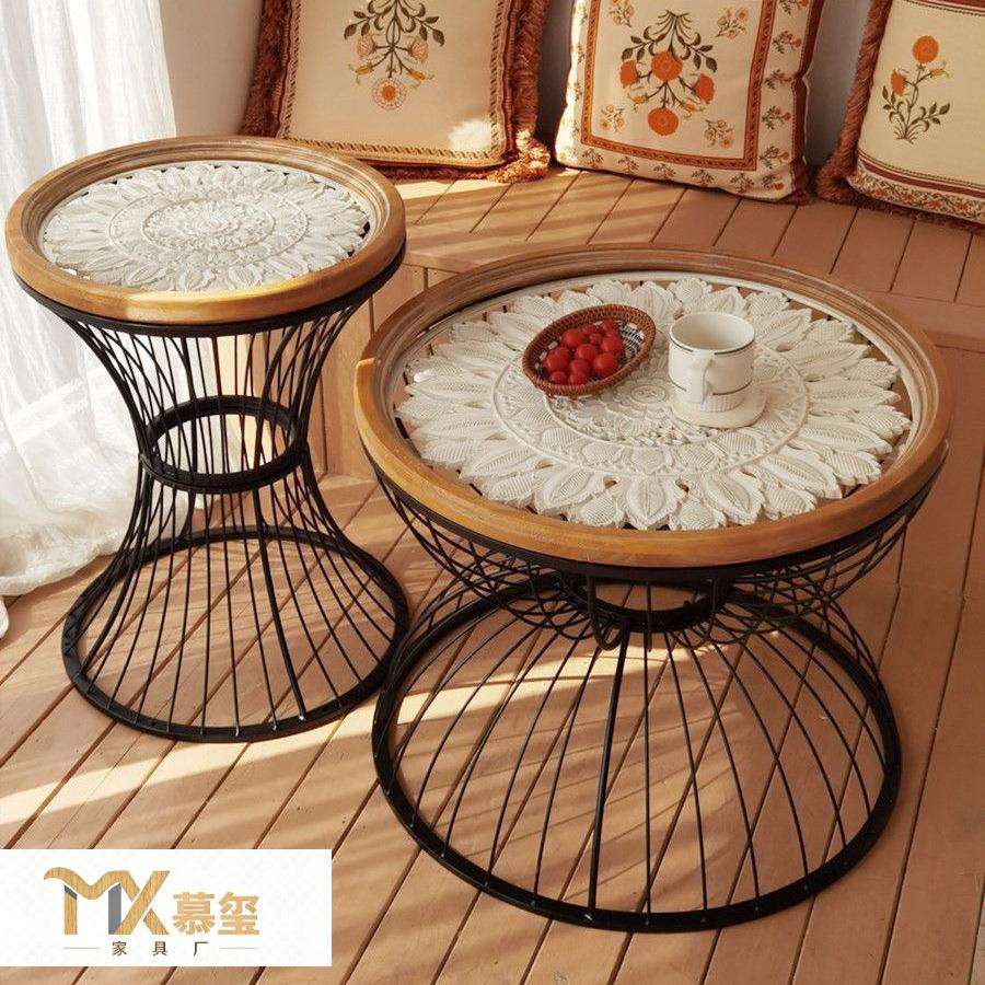 美式乡村客厅沙发边几角几实木雕花小茶几复古铁艺阳台小圆形桌子