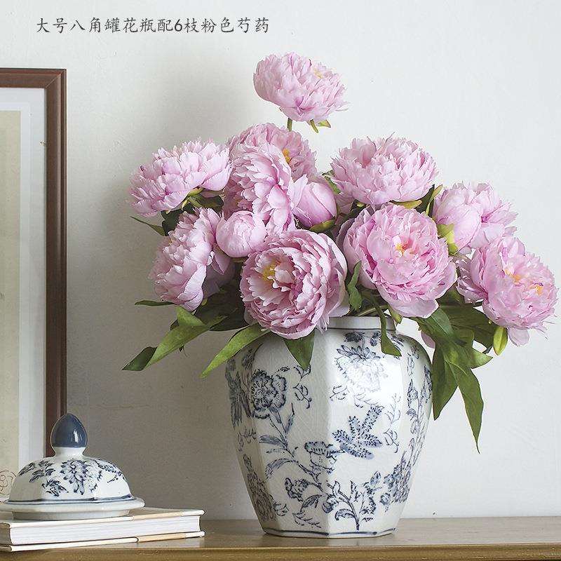 新中式手绘八角罐青花陶瓷花瓶摆件客厅玄关水培花器干花插花瓶