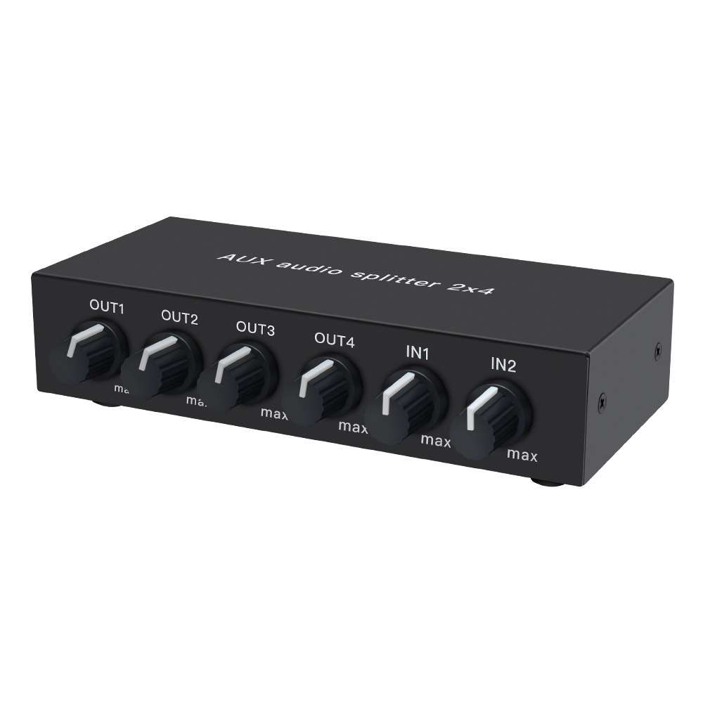 音频分配器二进四出2进4出混音3.5mm AUX立体声音量调节音频接口