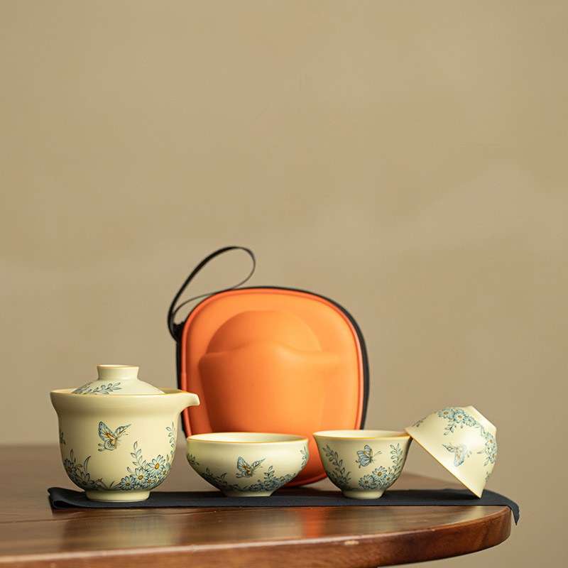 仿宋汝窑花飞碟舞旅行茶具一壶三杯家用户外手抓壶茶杯便携快客杯