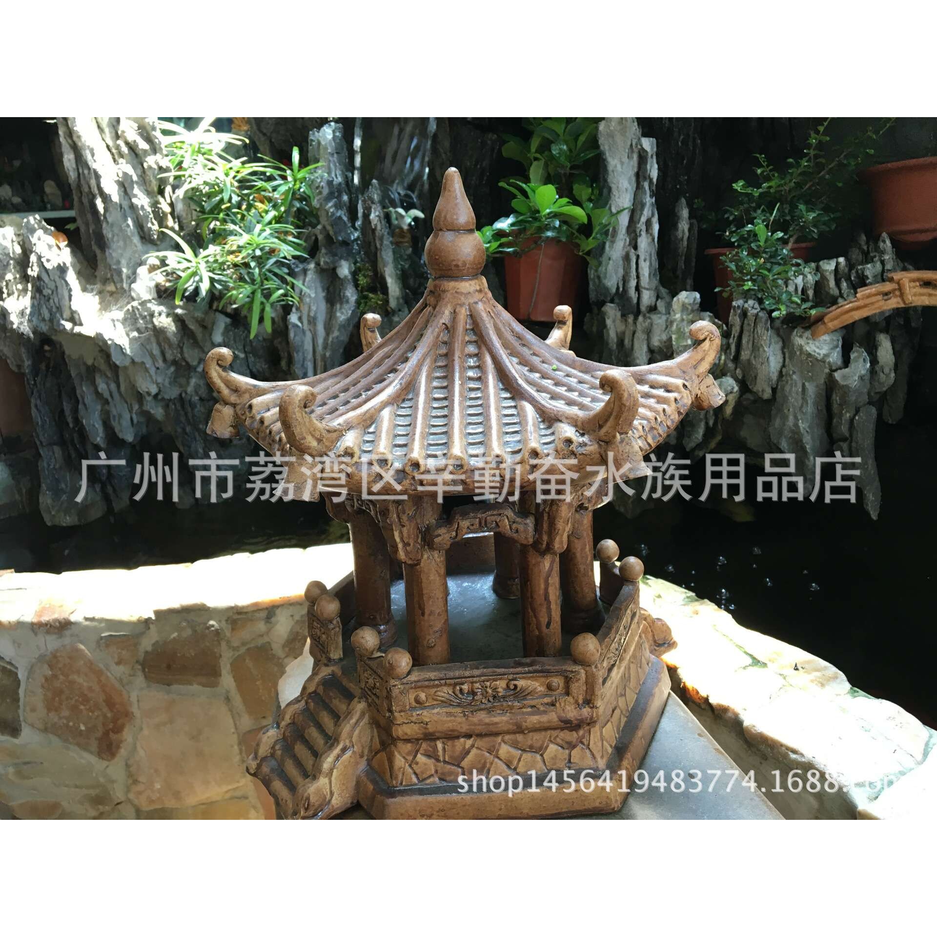 盆景假山配件 水族箱鱼缸摆件造景石湾精品彩墨大号单层六角亭