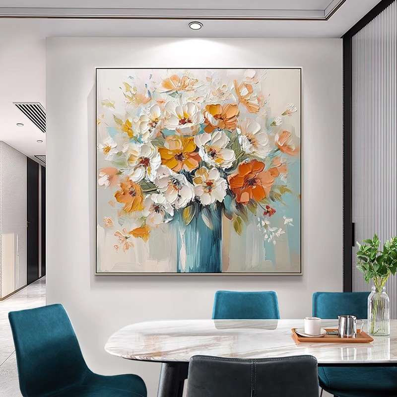 手绘油画美式餐厅挂画轻奢法式玄关装饰画现代风客厅肌理花卉壁画