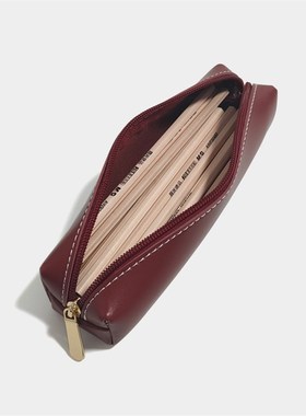 简约黑色文具puj皮质笔袋学生大容量少女心可爱女日系化妆刷收纳