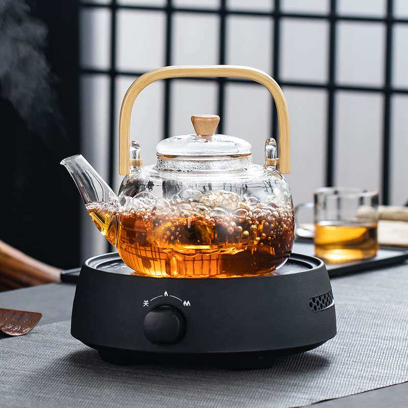 高硼硅玻璃煮茶器竹把 提梁壶玻璃蒸煮茶壶电陶炉烧水壶竹把壶
