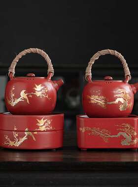 围炉烤茶电陶炉煮茶器家用泡茶烧水壶红色喜庆陶瓷煮茶壶茶具套装