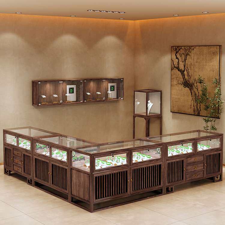 实木珠宝展示柜台新中式玻璃货柜展台首饰翡翠玉器陈列柜中岛柜台