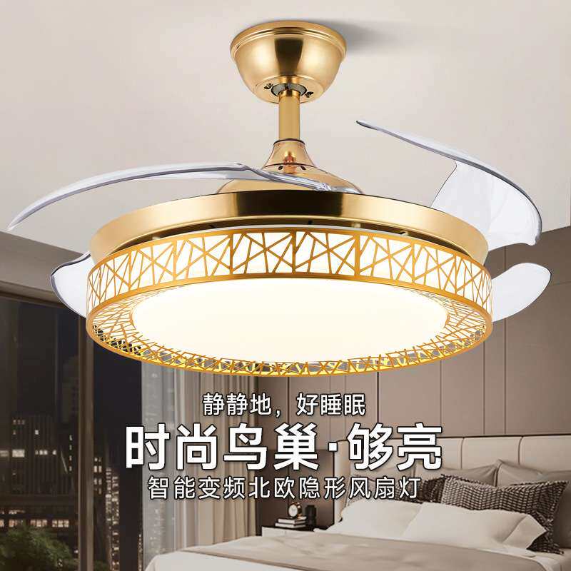 吊扇灯52寸鸟巢隐形扇客厅简约黑白色卧室吊灯智能餐厅风扇灯