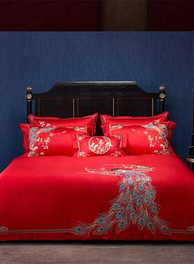 国风新中式丨婚庆风S100澳棉四件套大红色婚嫁结婚套件长绒棉刺绣