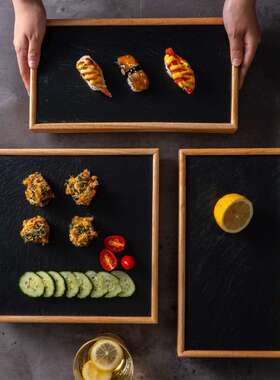 黑色岩石餐盘日式个性创意商用火锅涮菜盘石板餐具烤肉盘子竹木质