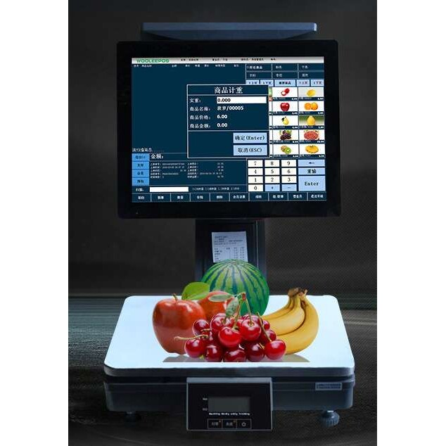 PC收银秤双屏触摸一体机电脑水果肉菜店收银秤英文条码秤方便好用