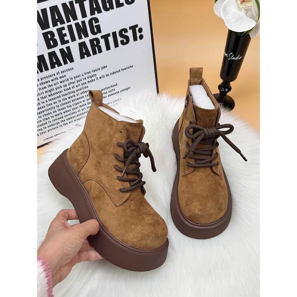 品牌爆款厚底马丁靴女2025冬小个子增高加绒保暖翻毛皮显瘦短靴