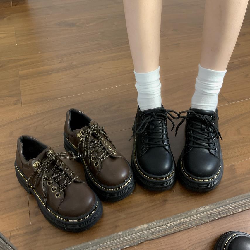 棕色覆古英伦风小皮鞋女2025秋冬季新款厚底增高百搭单鞋马丁鞋子