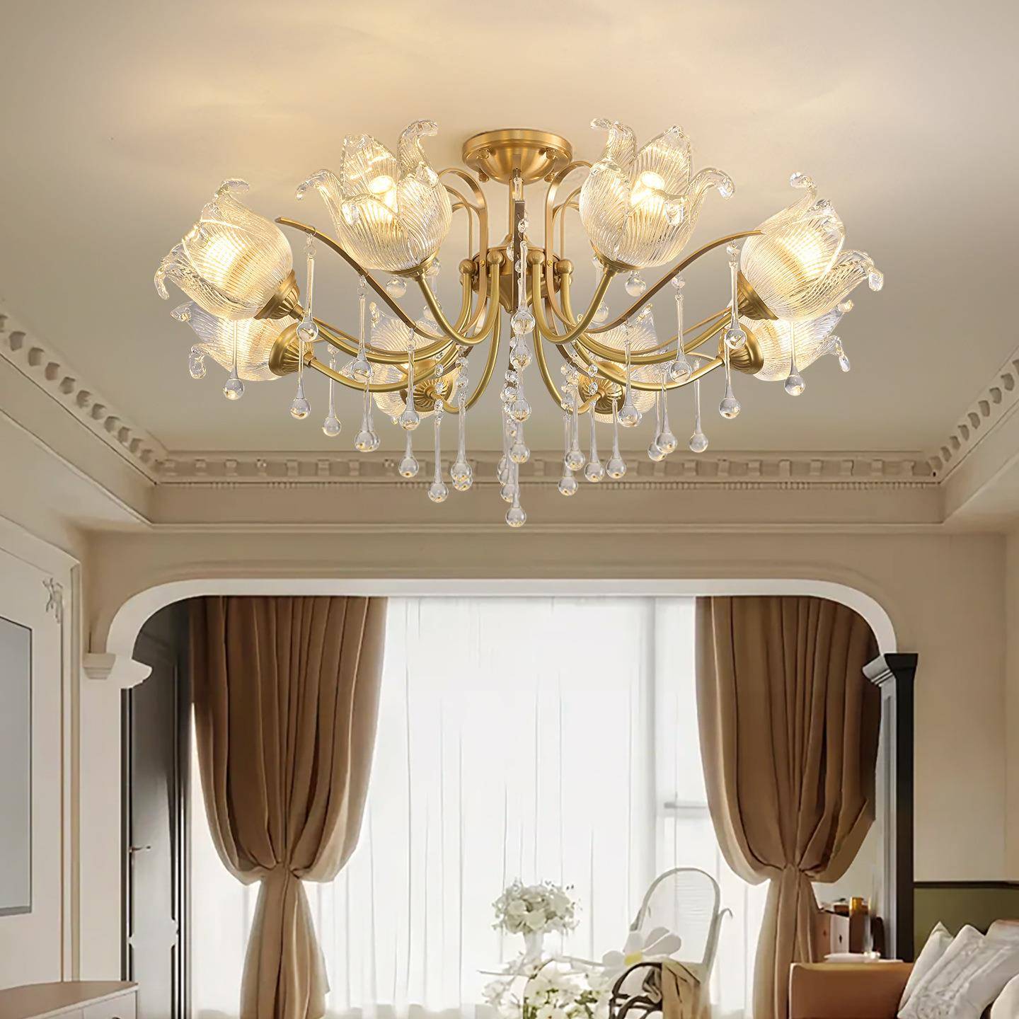 客厅吊灯法式新款简约轻奢浪漫复古大厅主灯花朵流苏水晶灯具413L