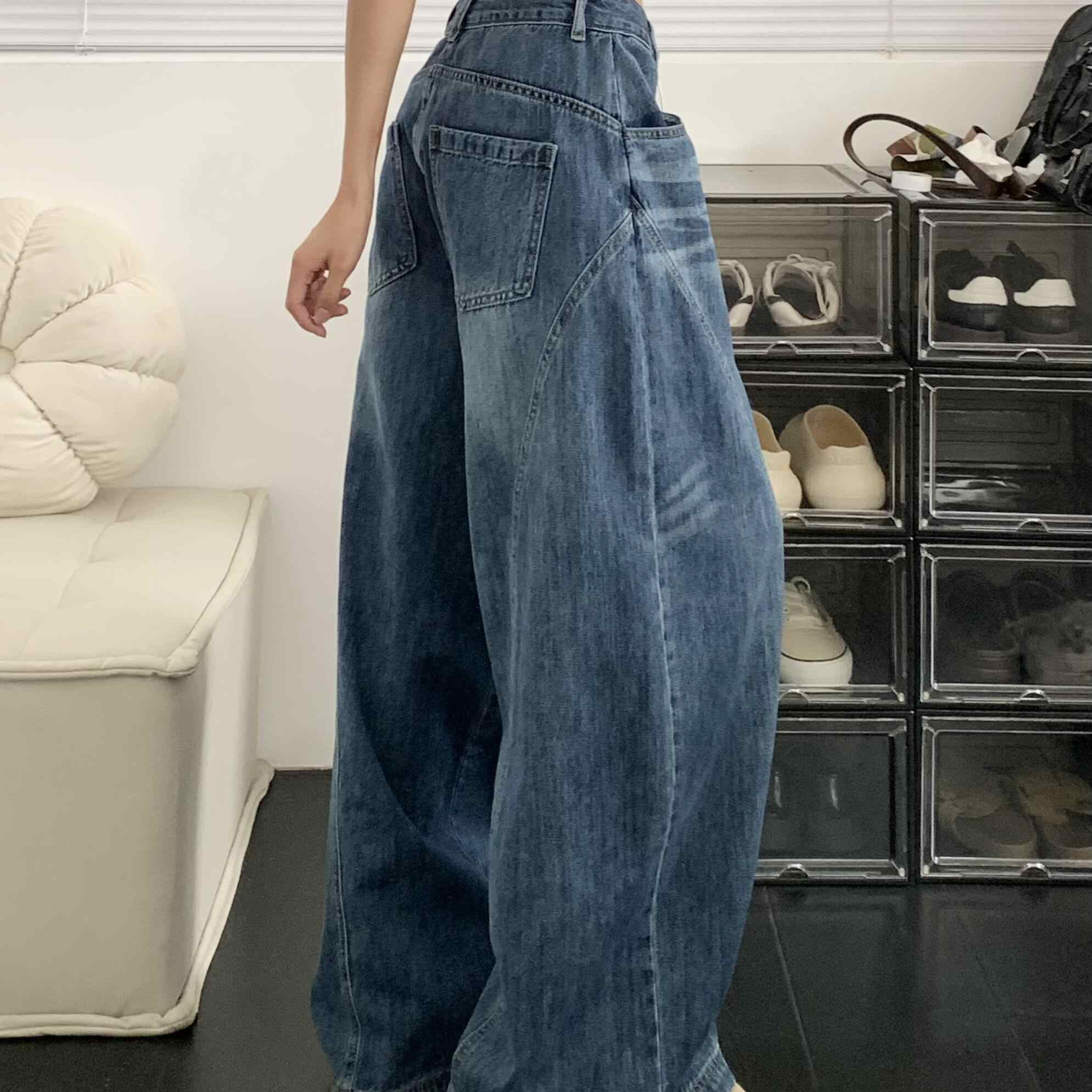 弯刀阔腿牛仔裤女设计感美式复古