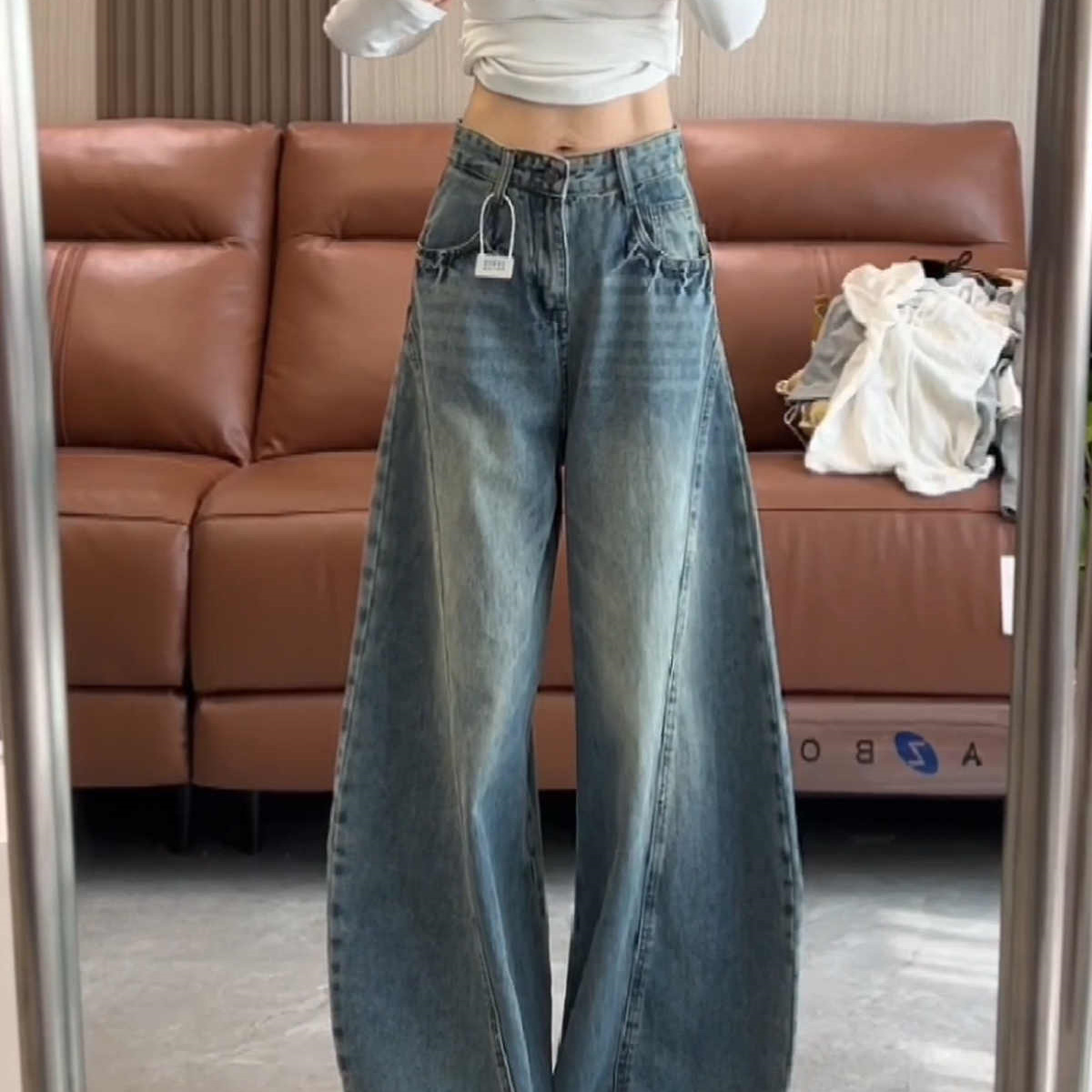 美式复古水洗做旧弯刀牛仔裤女2025夏秋季新款宽松显瘦直筒拖地裤