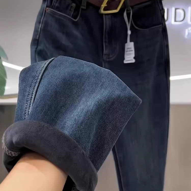 蓝灰色哈伦牛仔裤女秋冬2025新款加绒加厚显瘦高腰大码胖mm老爹裤