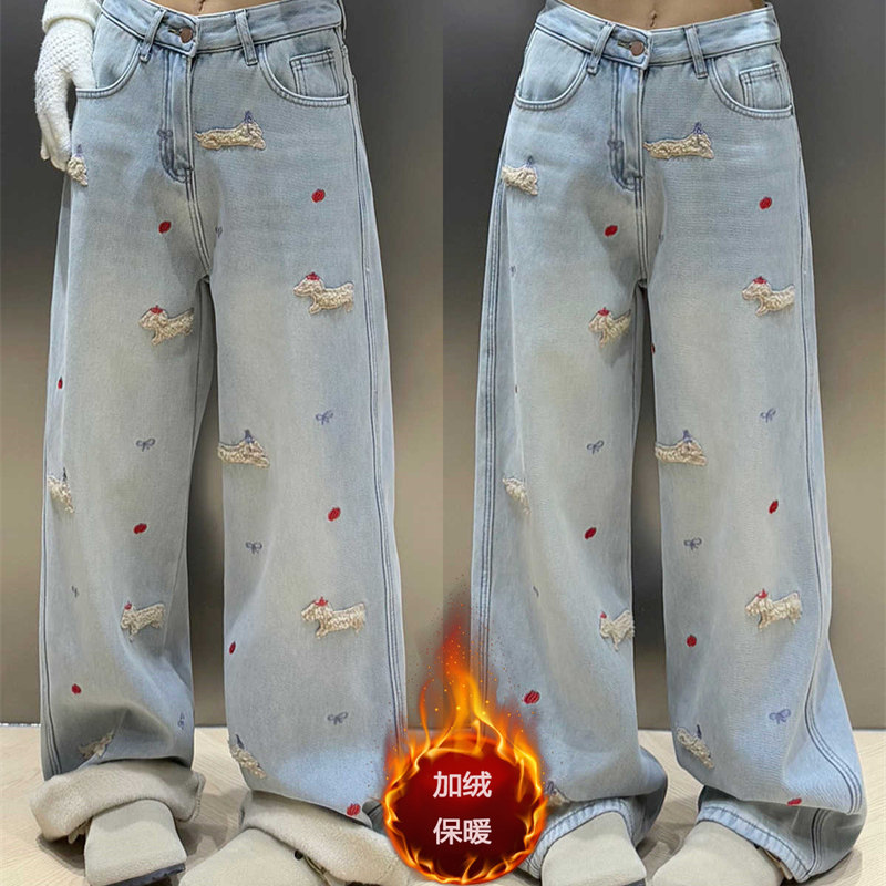 圣诞小狗牛仔裤女冬大码胖mm加绒加厚阔腿裤刺绣阔腿裤显瘦拖地裤