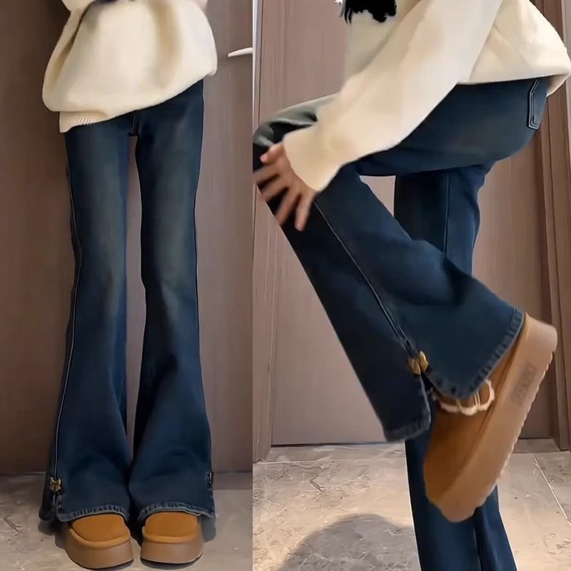 复古直筒开叉微喇牛仔裤女